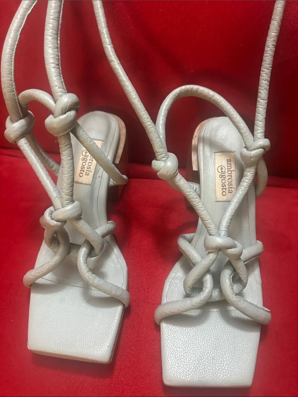 Knotted Strappy Heeled Sandals in Light Silver genuine Leather